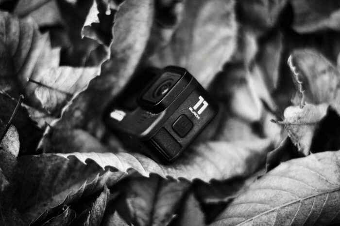 A GoPro camera lies among dry fallen leaves, captured in black and white.